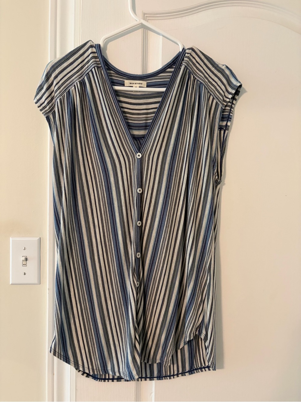 Max Studio Blue & White Striped Button-Front Cap Sleeve Top